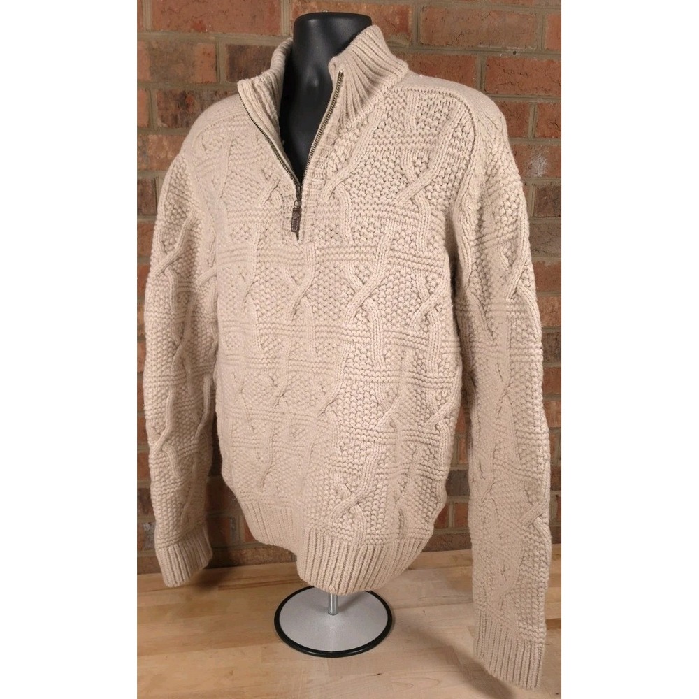 Timberland Cable Knit Sweater Mens XL Ivory Merino Wool Heavy Fisherman 1/4 Zip